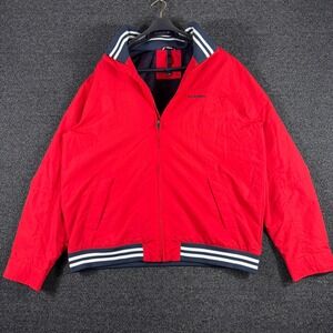 Tommy Hilfiger Jacket Mens XXL Red Windbreaker Hood Mesh Lined Varsity Spellout